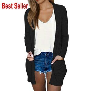 Long Cardigan Lightweight Open Front Shawl Collar Pockets Fall Sweater